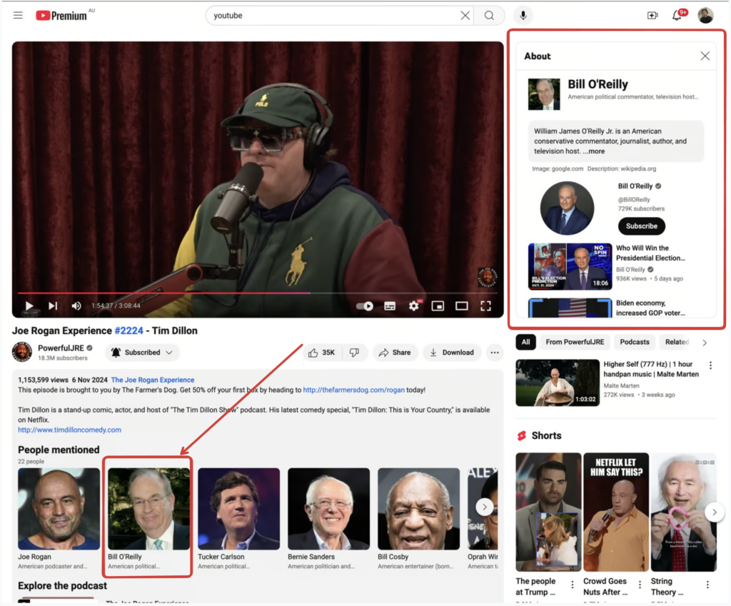 YouTube's sidebar displaying search results for Bill O'Reilly, triggered by clicking his name in the 'People mentioned' carousel, shown alongside a video playing on the main screen.